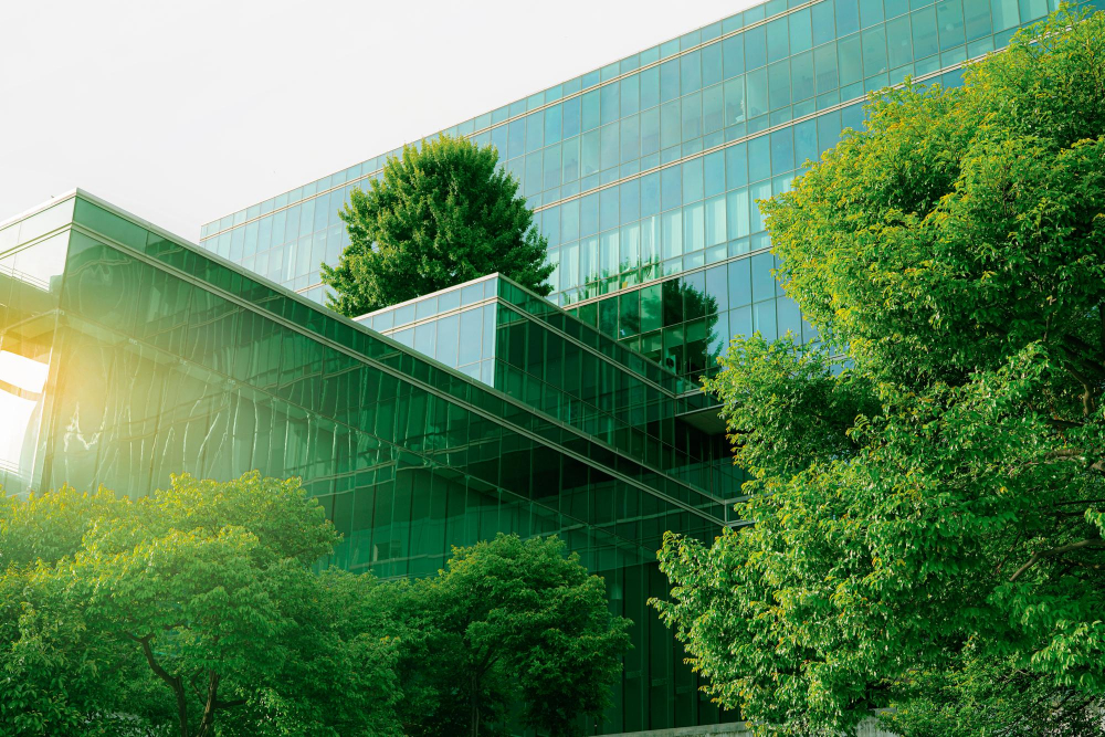 sustainble green building ecofriendly building sustainable glass office building with tree